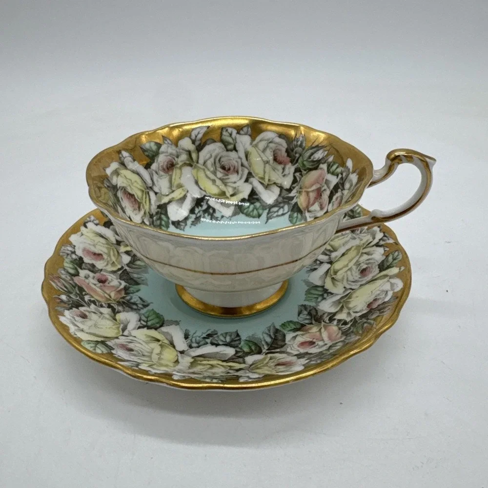 PARAGON By Appointment Double Warrant Cabbage Rose Blue Gold Gilt Cup Saucer